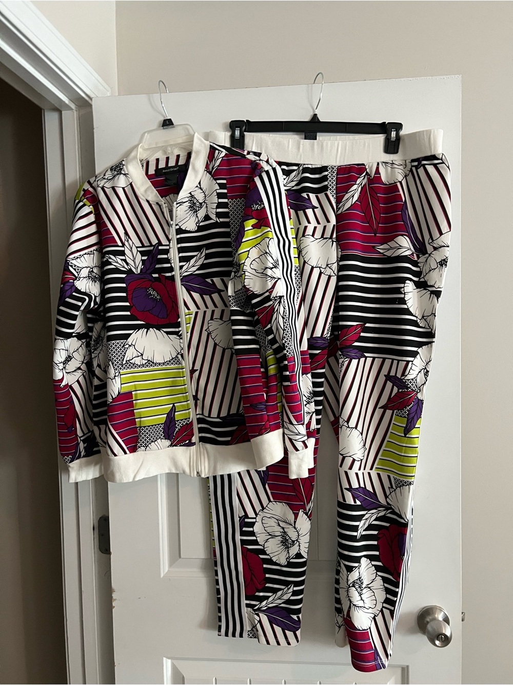 Ashley Stewart Floral & Stripe Pantsuit - White, Black, Magenta & Lime
